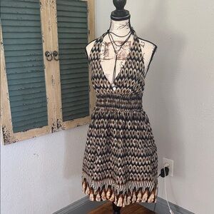 Fire Los Angeles Black and Cream Halter Smocked Mini Dress with Brown Accents
